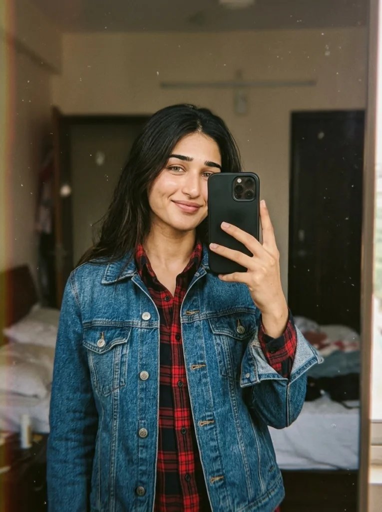 Gemini AI mirror selfie prompt preview with 90s film grain, denim jacket, flannel shirt, and warm low-contrast light
