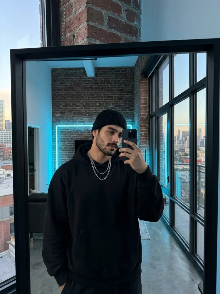 Boys mirror selfie prompt preview with industrial loft, exposed brick, black framed mirror, hoodie, and neon accents