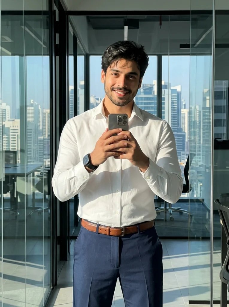 Boys mirror selfie prompt preview with glass office, city skyline, white dress shirt, navy slacks, and morning sunlight