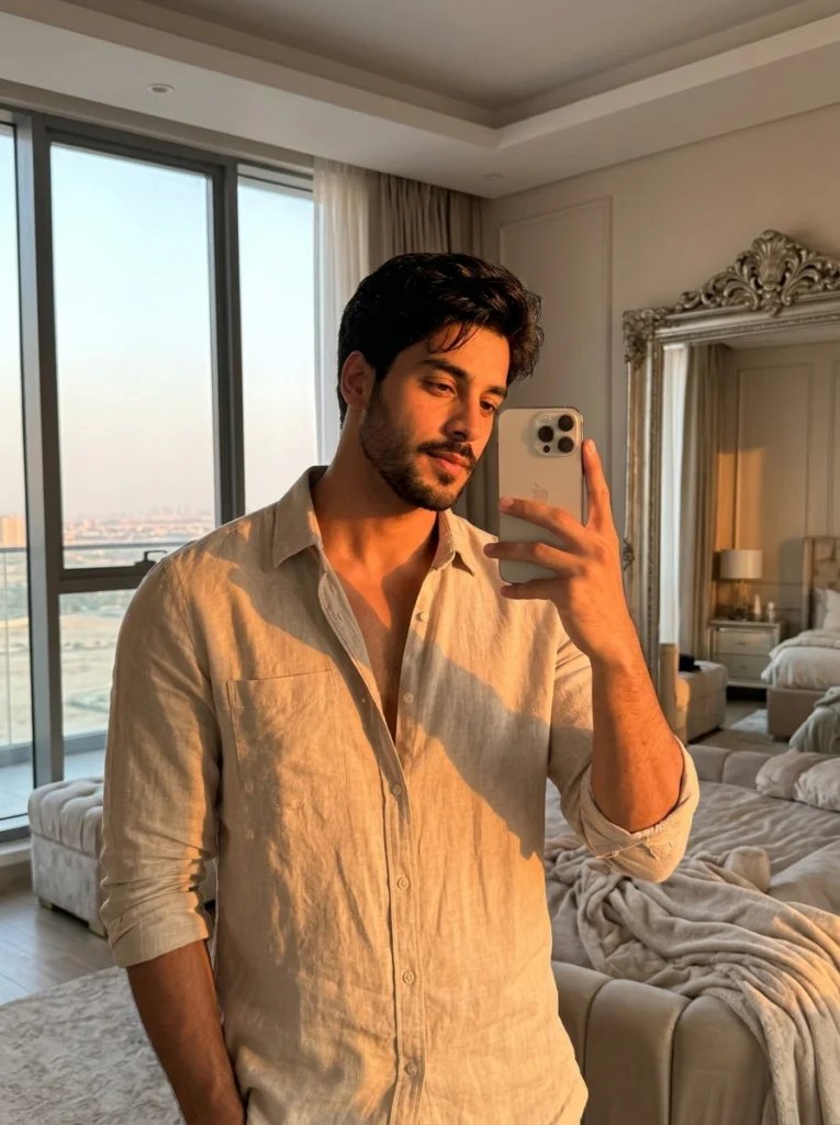 Boys mirror selfie prompt preview with luxury bedroom, warm golden hour sunlight, and beige linen shirt
