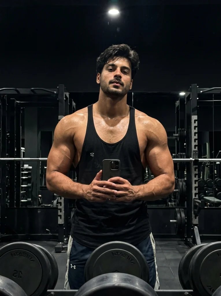 Boys mirror selfie prompt preview with dark professional gym, low phone angle, athletic outfit, and overhead spotlighting