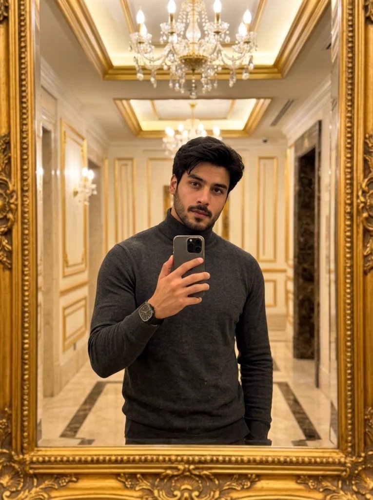 Boys mirror selfie prompt preview with grand hotel hallway, gold mirrors, chandelier light, and charcoal turtleneck