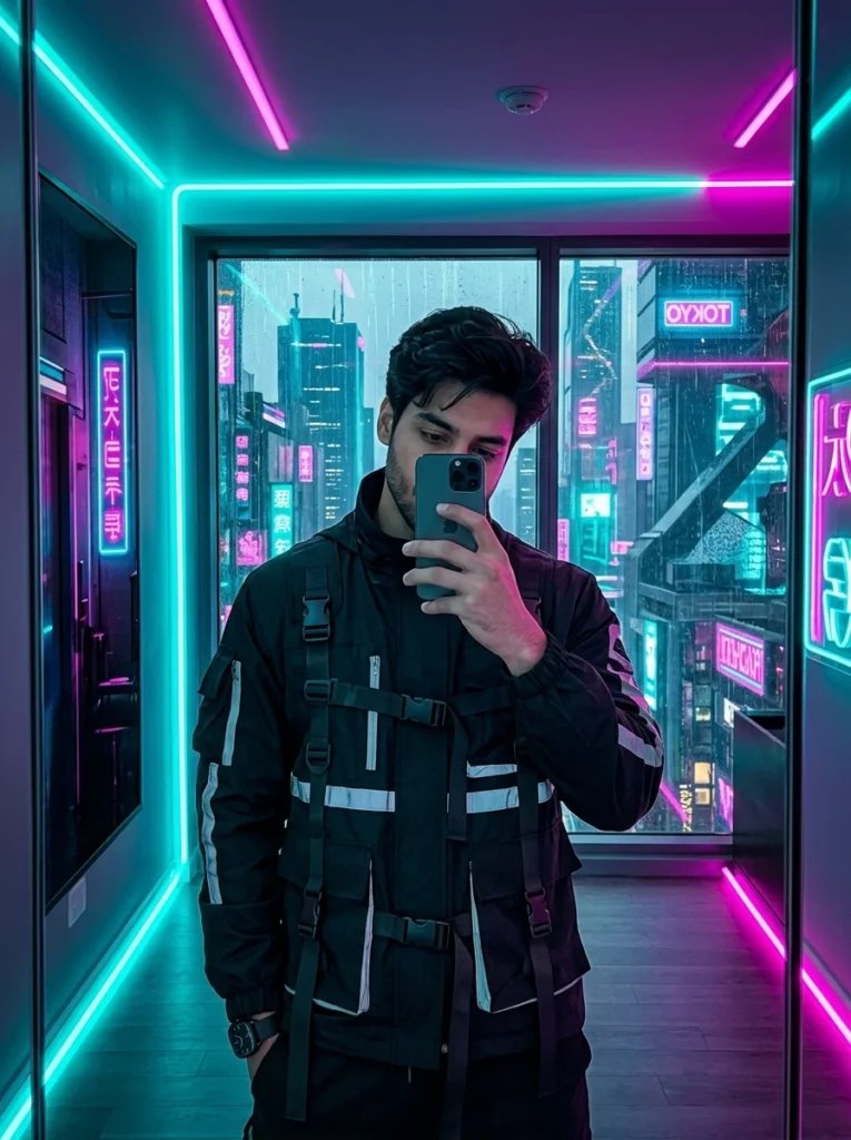 Boys mirror selfie prompt preview with futuristic neon apartment, cyan magenta LED strips, and black techwear jacket