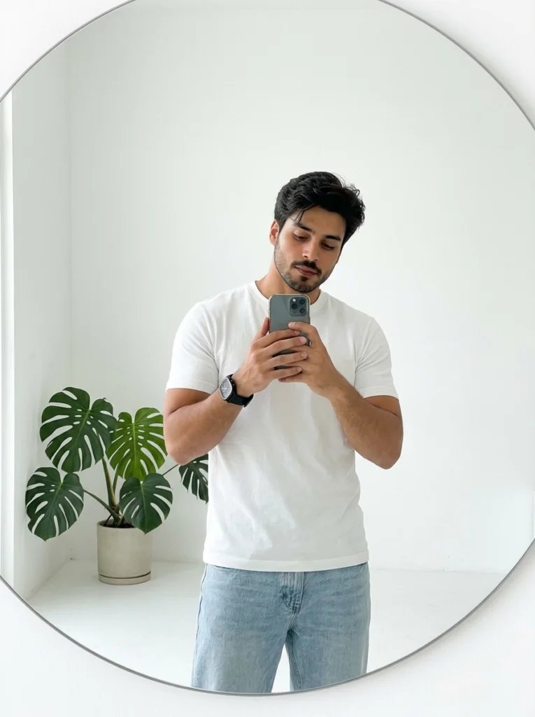 Boys mirror selfie prompt preview with white minimalist studio, round mirror, monstera plant, and white t-shirt