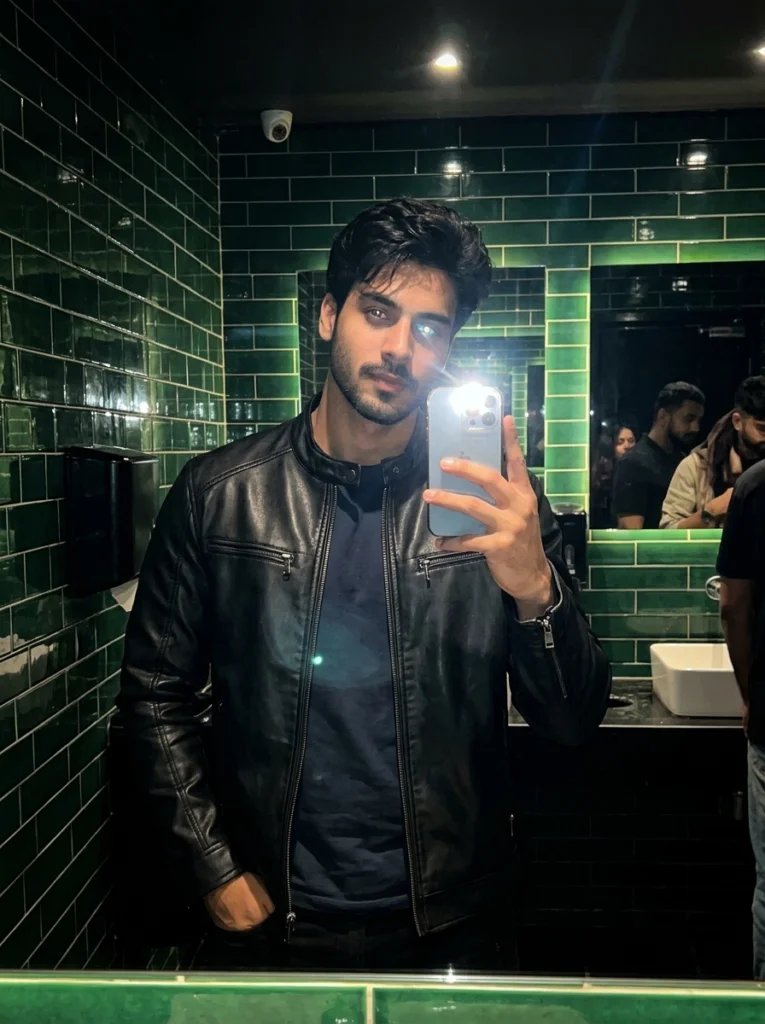 Boys mirror selfie prompt preview with upscale lounge restroom, dark green tiles, camera flash, and black leather jacket