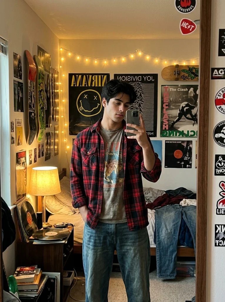 Boys mirror selfie prompt preview with band poster bedroom, skateboards, flannel shirt, and warm fairy lights