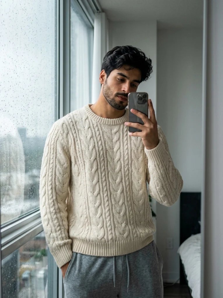Boys mirror selfie prompt preview with cozy apartment, rain on window glass, cream knit sweater, and soft overcast light