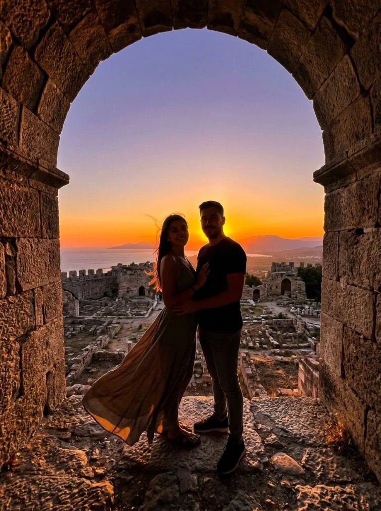 Couple silhouetted inside a fort archway at sunset