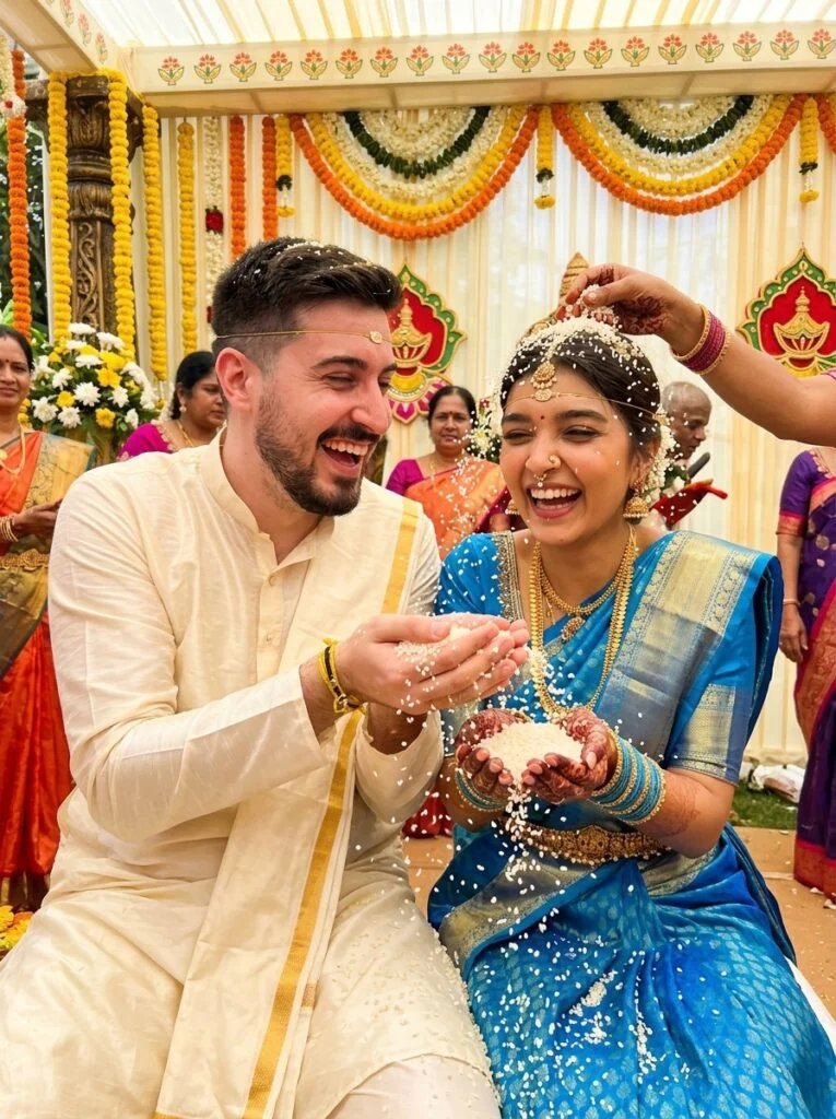 Telugu wedding couple laughing during the talambralu rice ceremony