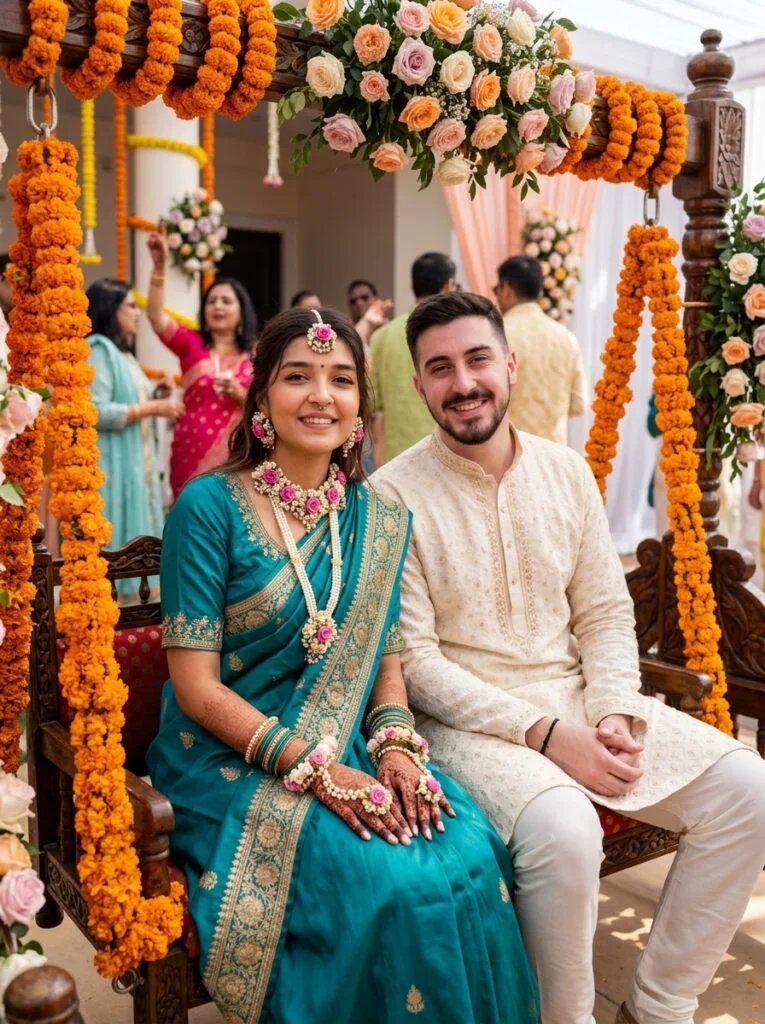 Mother-to-be and partner seated together at a traditional godh bharai ceremony