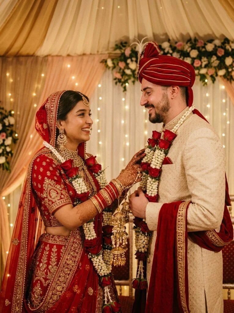 Married couple recreating their varmala pose for an anniversary portrait