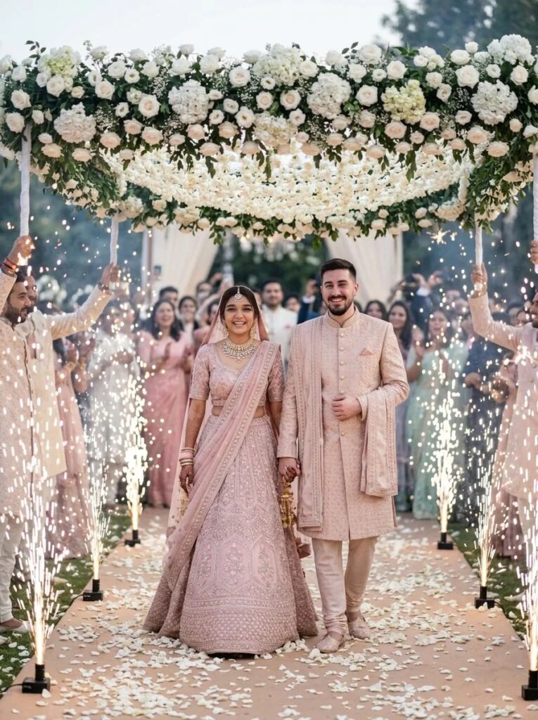 Indian wedding couple walking beneath a white floral chadar with sparklers
