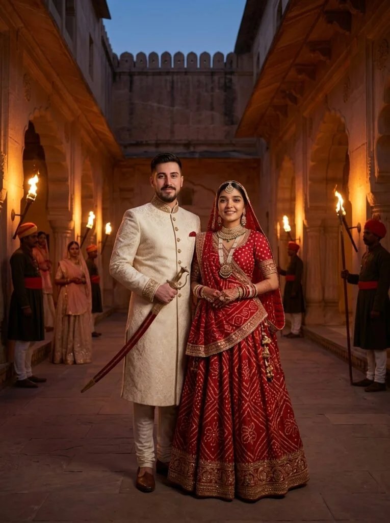 Bride and groom in Rajputana wedding attire standing in a fort courtyard