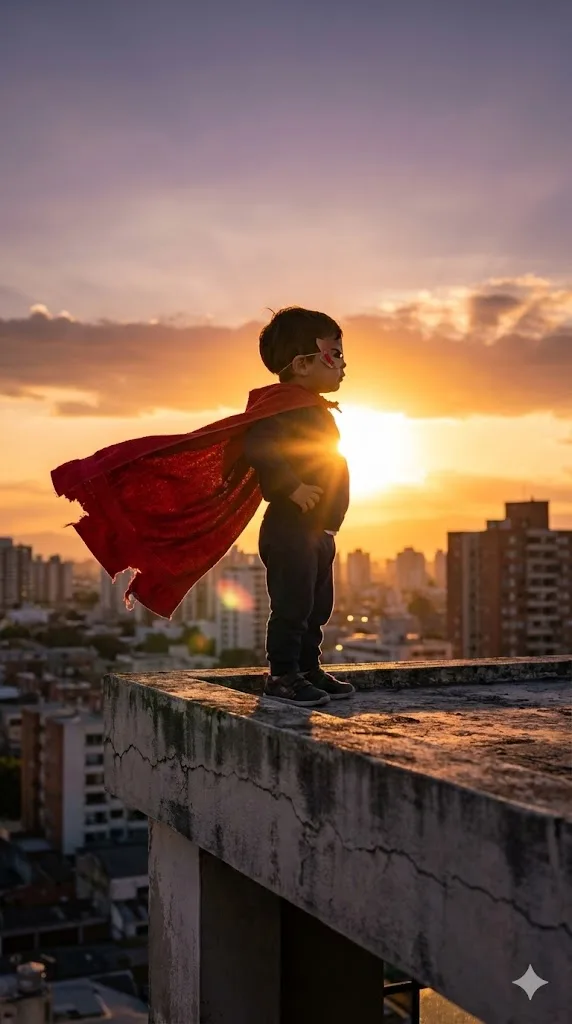 Superhero baby photo prompt preview with red cape and sunset rooftop lighting