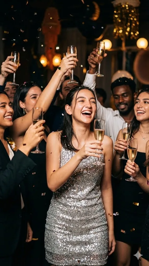New Year party prompt preview with festive lights and confetti