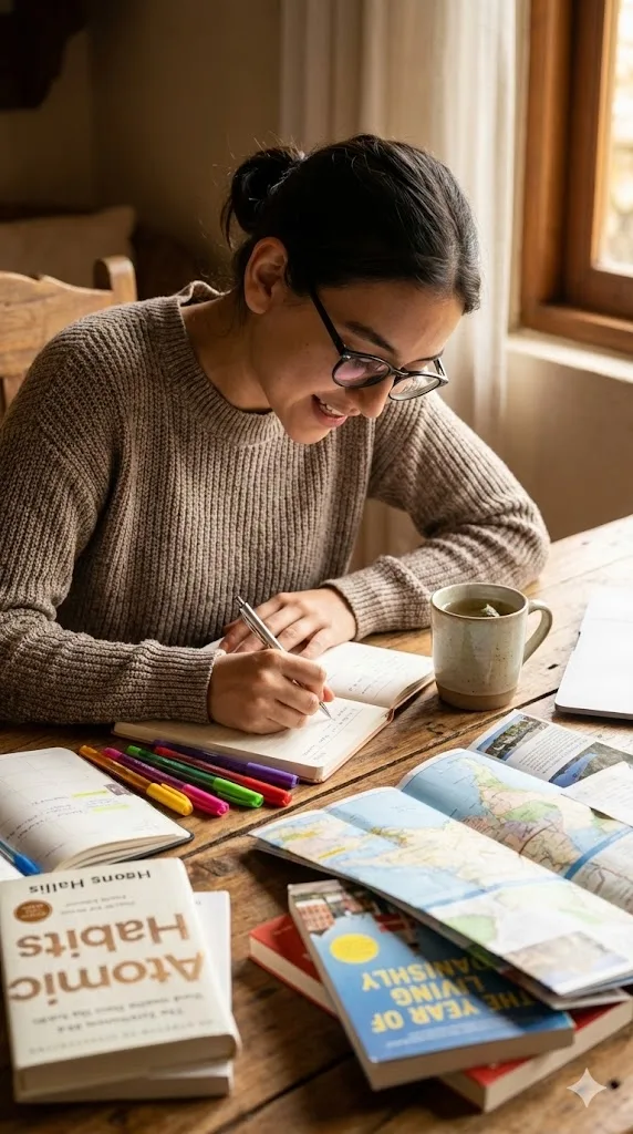 New Year goal planning prompt preview with notebooks and warm desk lighting
