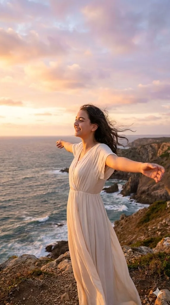 New Year freedom prompt preview with sunrise clifftop and flowing dress