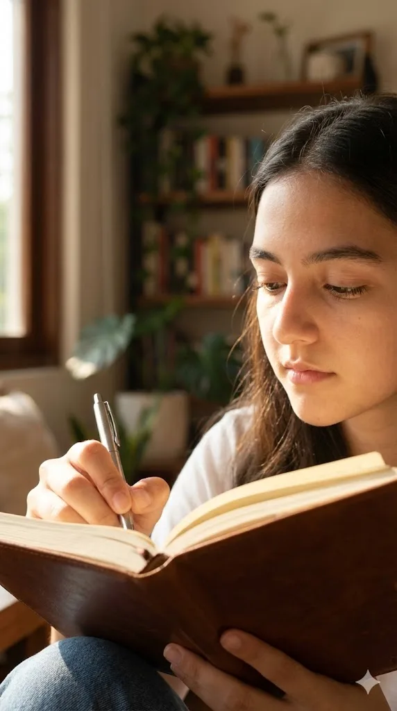 New Year journaling prompt preview with warm light and leather journal
