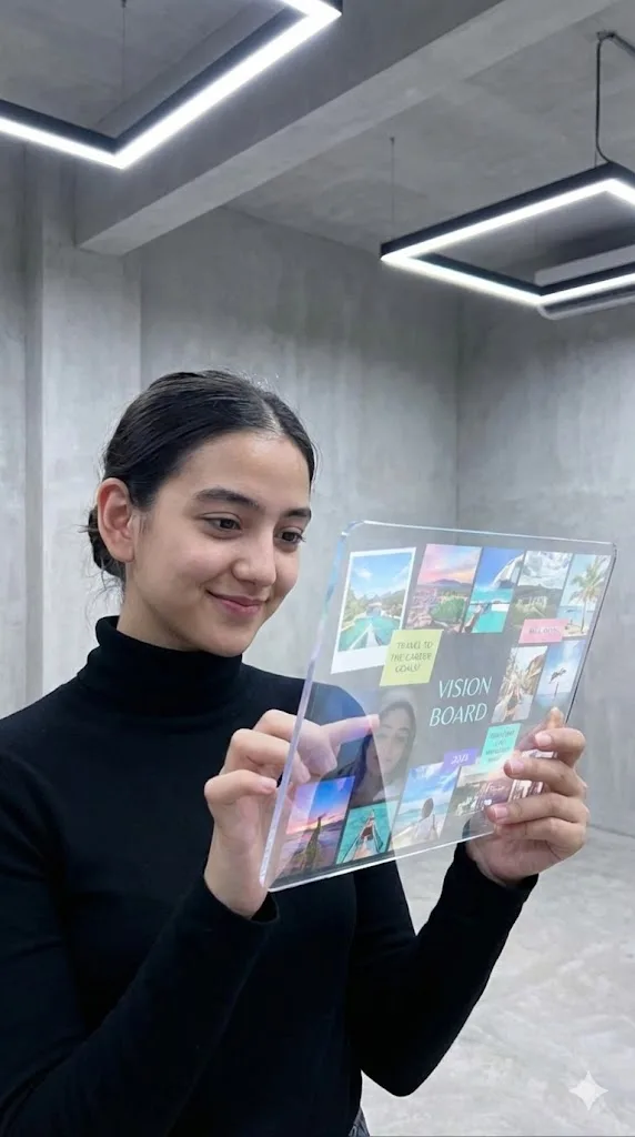 Digital vision board prompt preview with holographic tablet and modern room