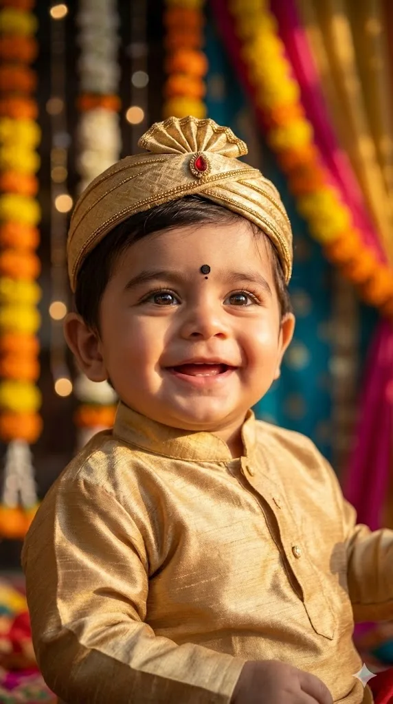 Traditional baby portrait prompt preview with festive golden light