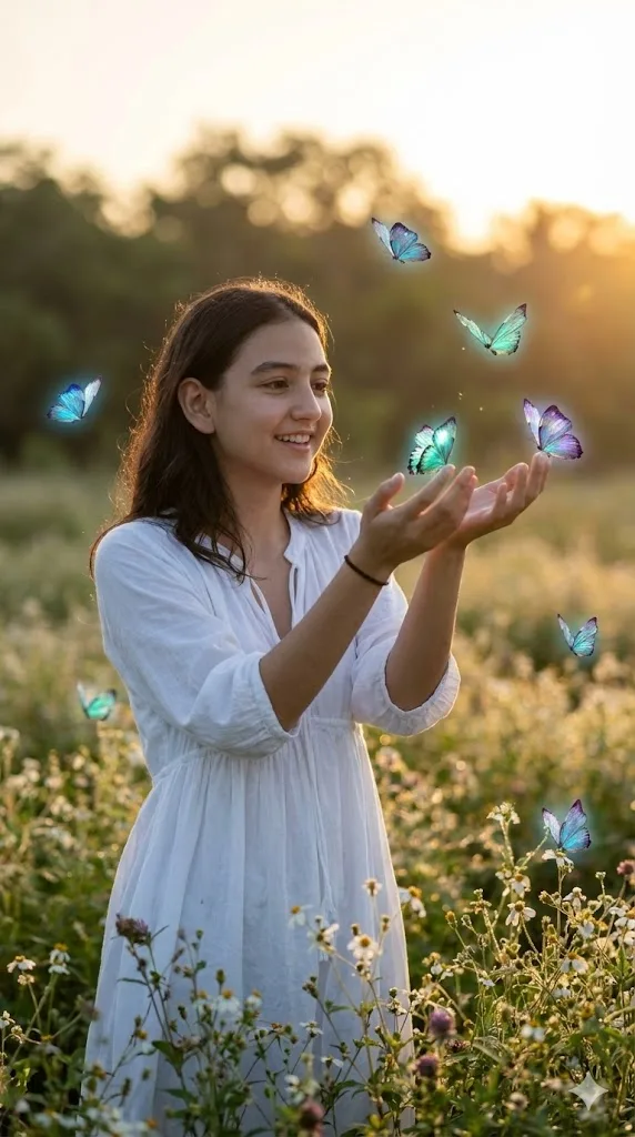 Butterfly New Year prompt preview with wildflowers and dreamy morning light