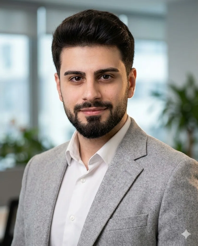 Confident LinkedIn profile photo prompt preview with business suit and studio lighting