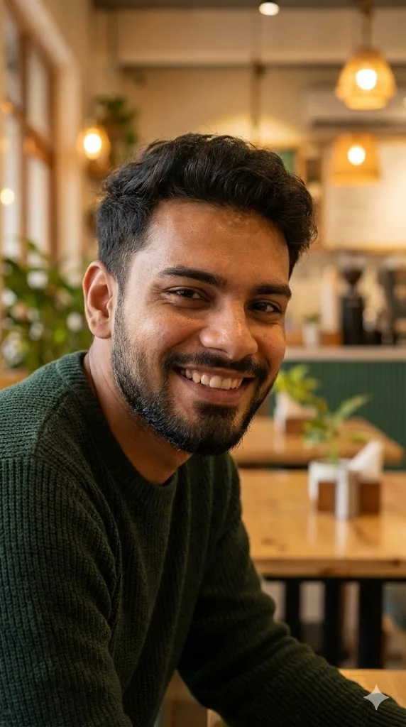 Authentic connector LinkedIn profile prompt preview with cozy cafe background
