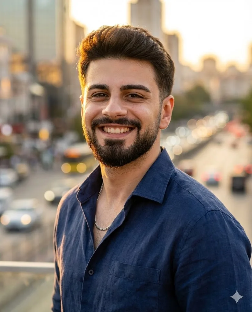 Entrepreneur LinkedIn profile prompt preview with city background and golden hour light