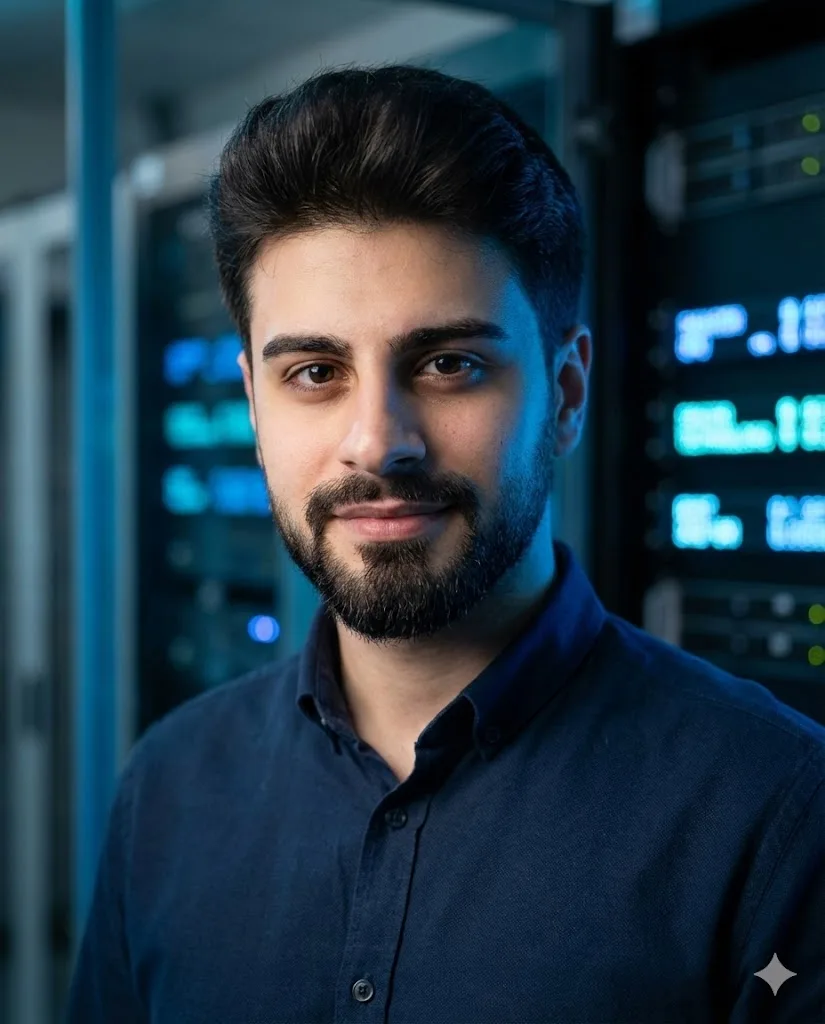 Tech expert LinkedIn profile prompt preview with blue ambient background lighting
