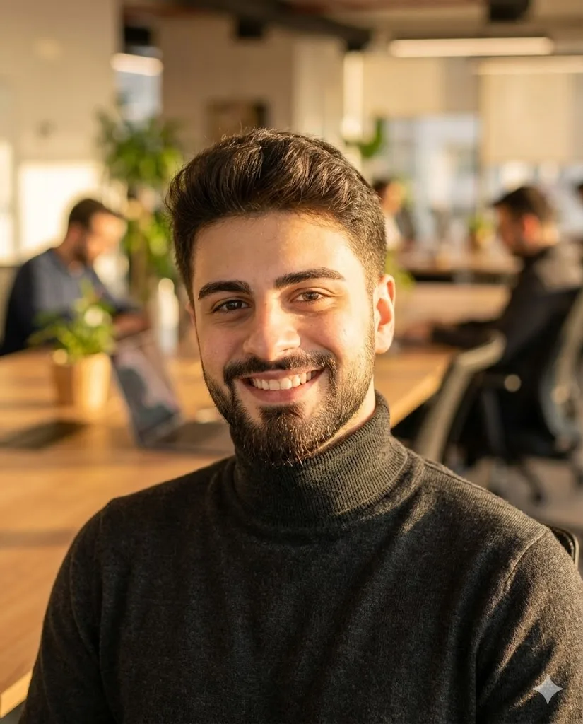 Approachable innovator LinkedIn profile prompt preview with warm coworking space light