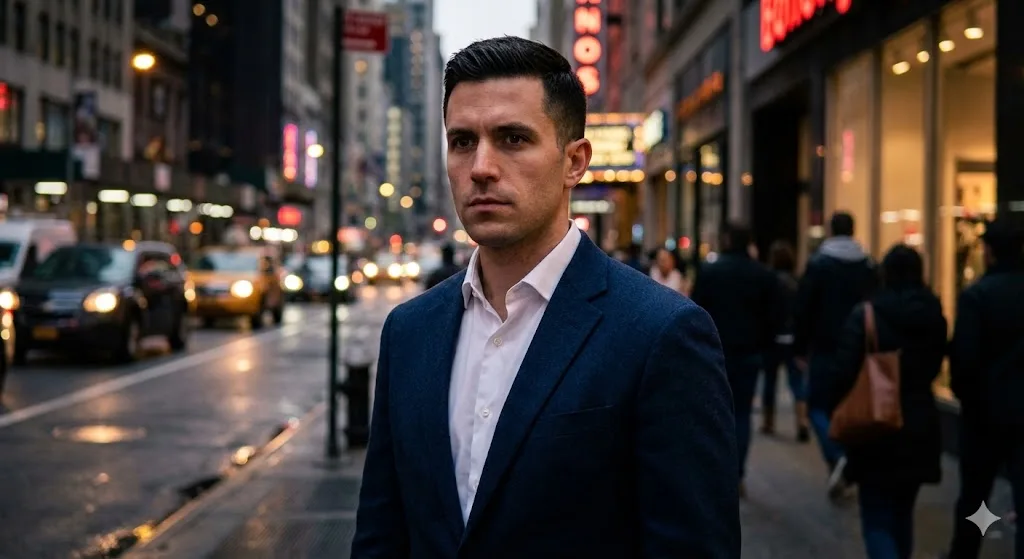Urban chic Instagram DP prompt preview with blazer and city lights