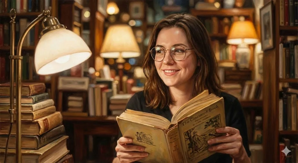 Cozy bookstore Instagram DP prompt preview with warm lamplight and book background