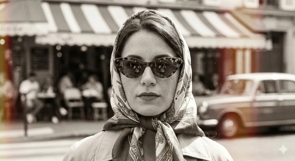 Retro Instagram DP prompt preview with vintage scarf and film grain