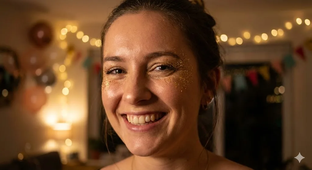 Festive Instagram DP prompt preview with fairy lights and joyful portrait lighting