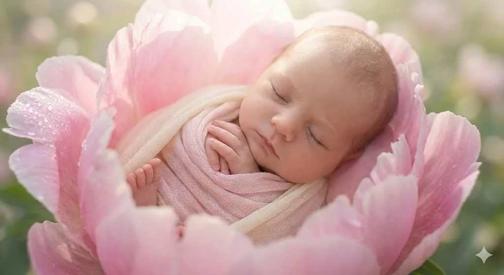 Flower baby photo prompt preview with soft pink petals and dreamy lighting