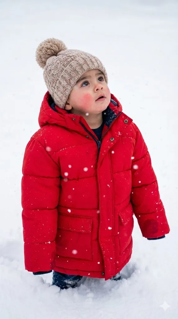 Winter baby photo prompt preview with red coat and snowy background