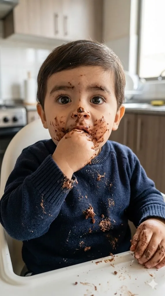 Messy cake photo prompt preview with natural kitchen lighting