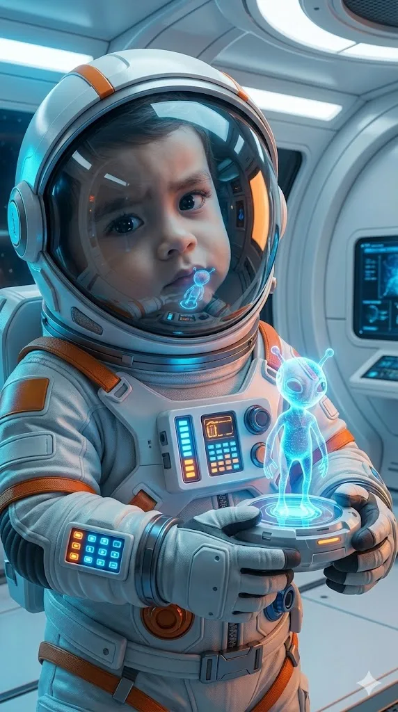 Future tech baby prompt preview with glowing sci-fi portrait details