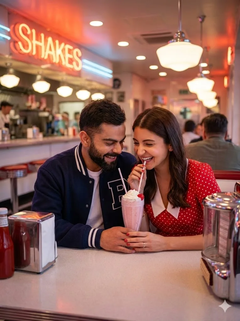 Retro diner couple prompt preview with 1950s milkshake date and neon lighting