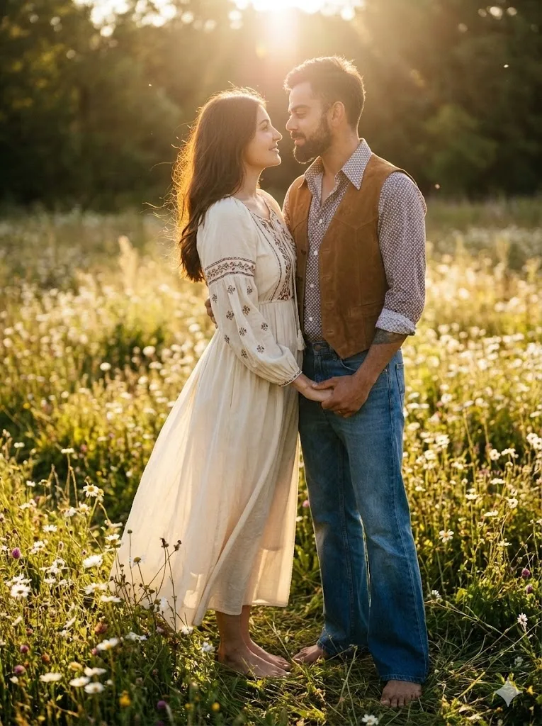 Bohemian retro couple prompt preview with 1960s field and golden hour light