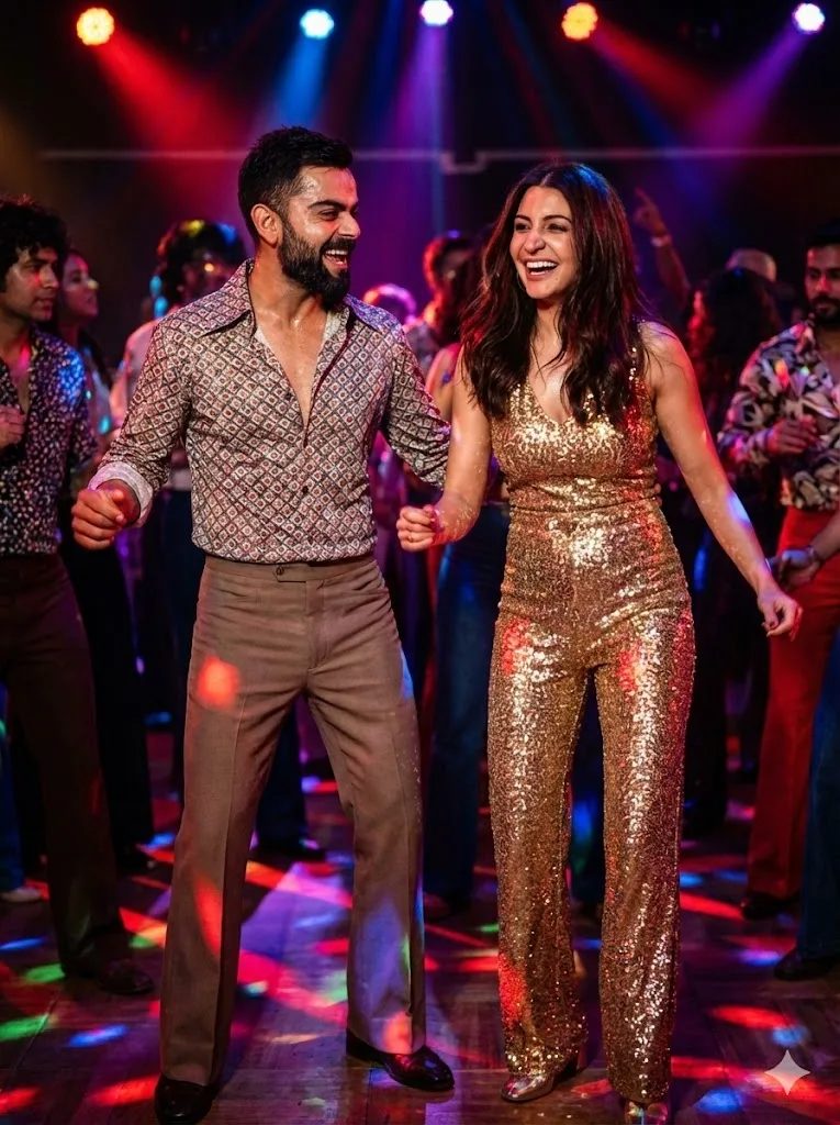 Disco couple prompt preview with 1970s dance floor and colorful lights