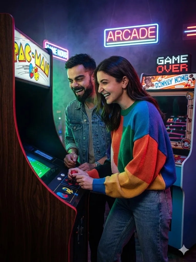 Eighties arcade couple prompt preview with neon game cabinets and playful lighting