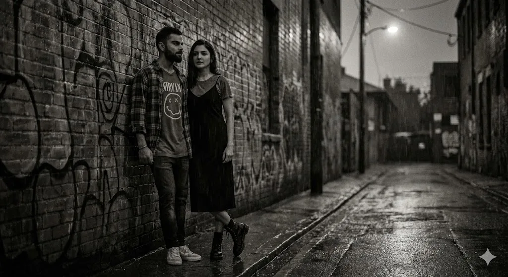 Grunge retro couple prompt preview with 1990s rainy alley and street style outfits