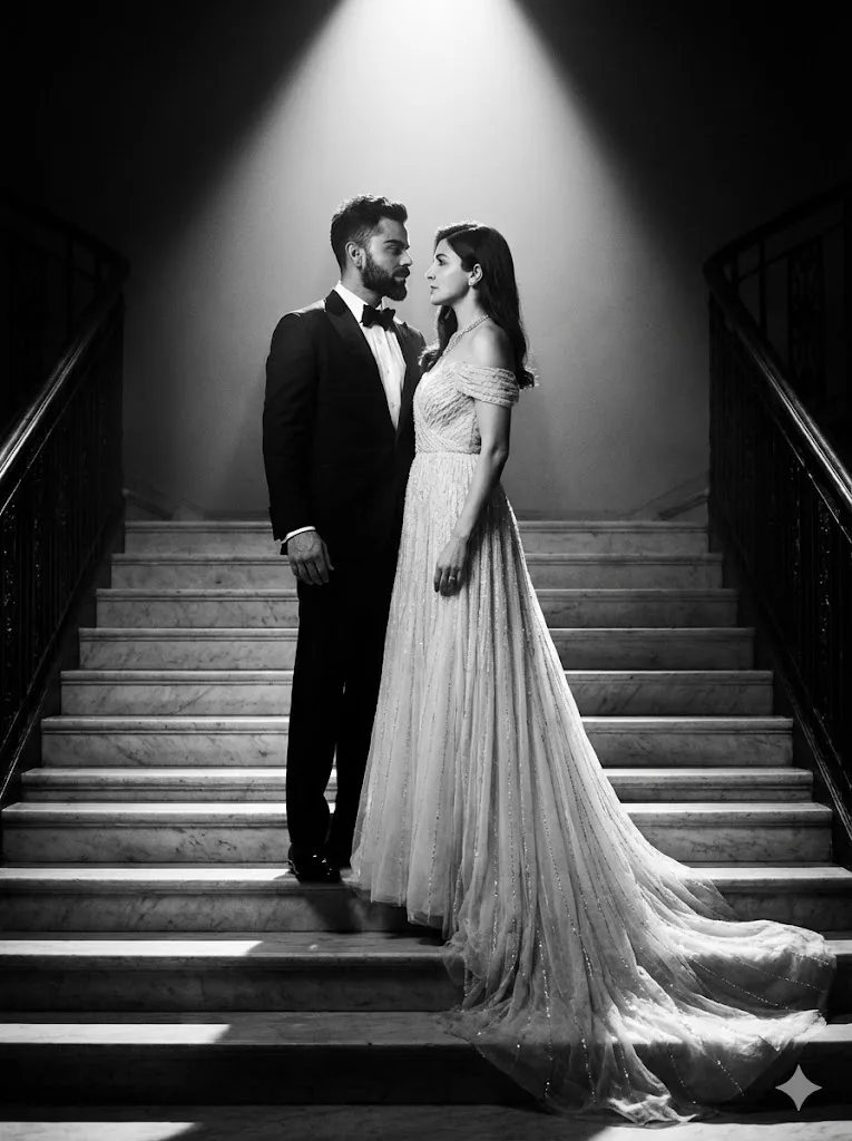 Old Hollywood couple prompt preview with black and white staircase portrait lighting