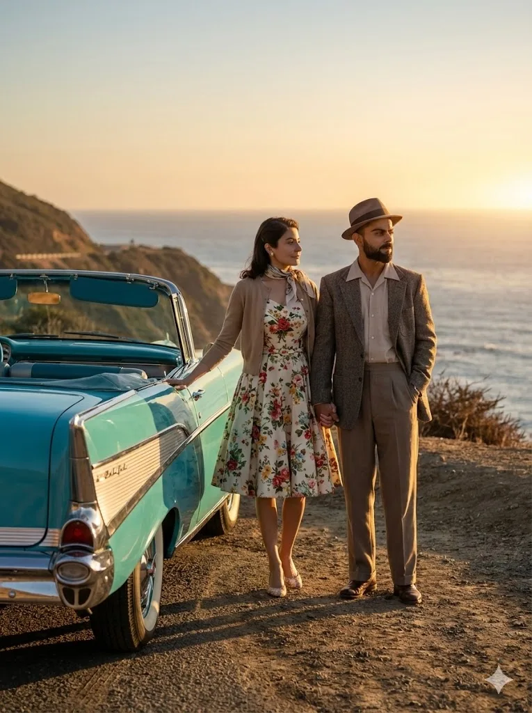 Vintage travel couple prompt preview with classic convertible and coastal sunset road