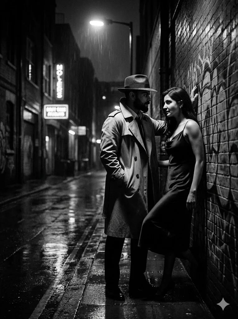 Noir detective couple prompt preview with rain slicked city alley and dramatic shadows