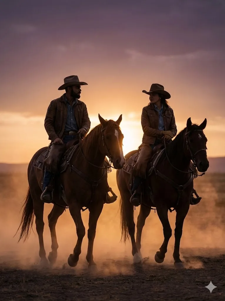 Western couple prompt preview with cowboy outfits and dusty sunrise landscape
