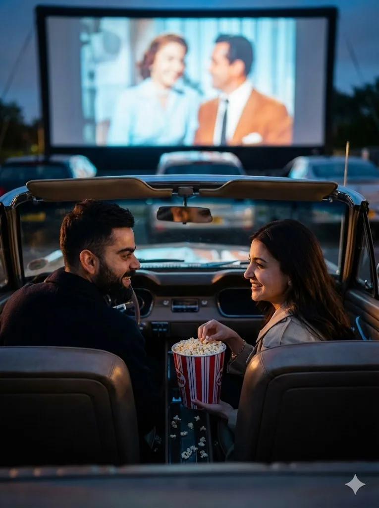 Drive-in movie couple prompt preview with classic car and glowing outdoor movie screen