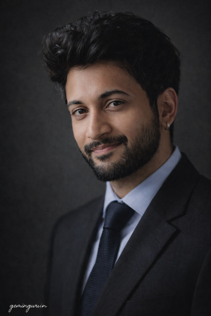 ChatGPT professional headshot prompt preview with Rembrandt studio lighting, grey backdrop, and business formal outfit