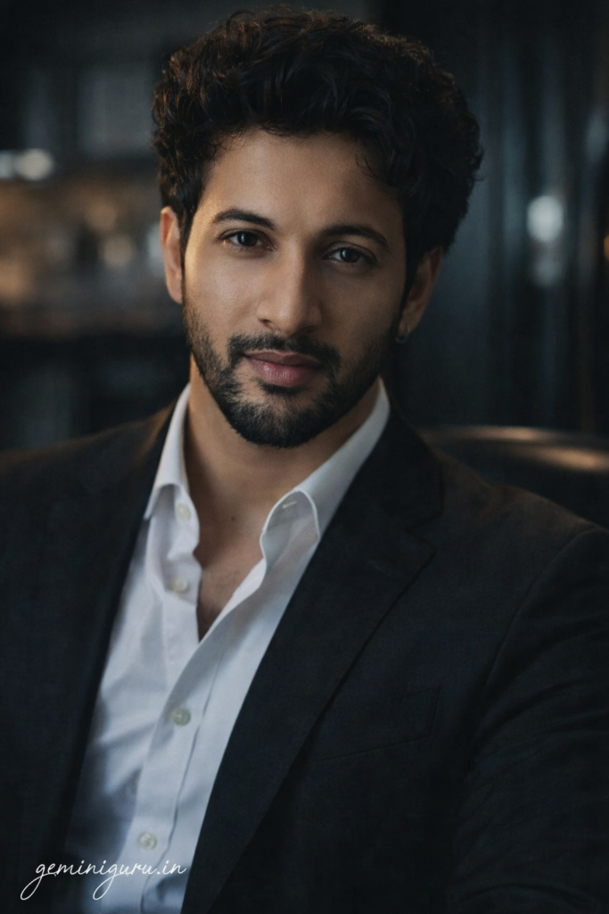 ChatGPT professional headshot prompt preview with executive office setting, tailored suit, and cinematic key light